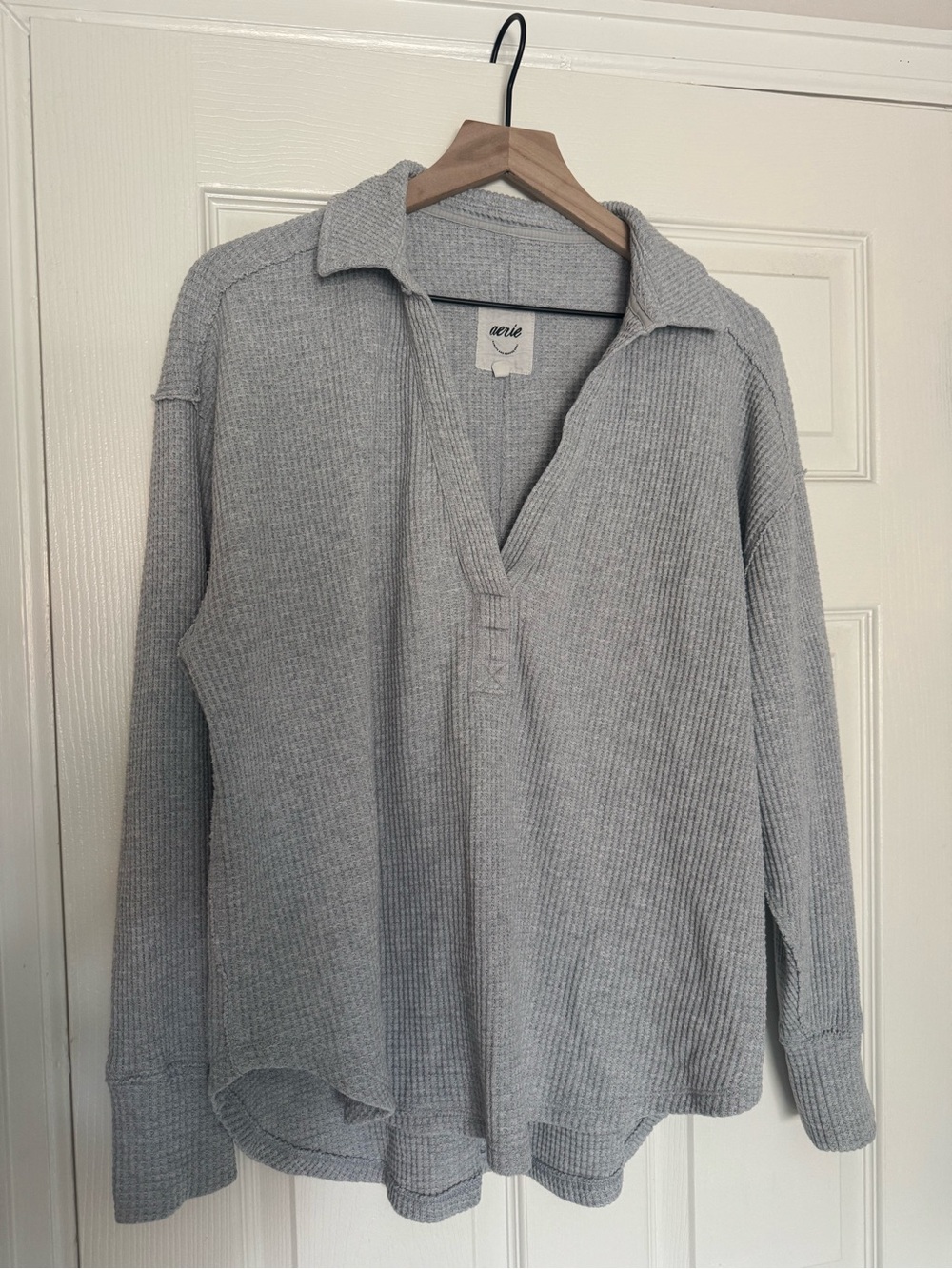 aerie Light Gray Waffle Knit Collar Sweater